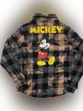 Disney Mickey Graphic Black and Tan Plaid Button-Down Shirt